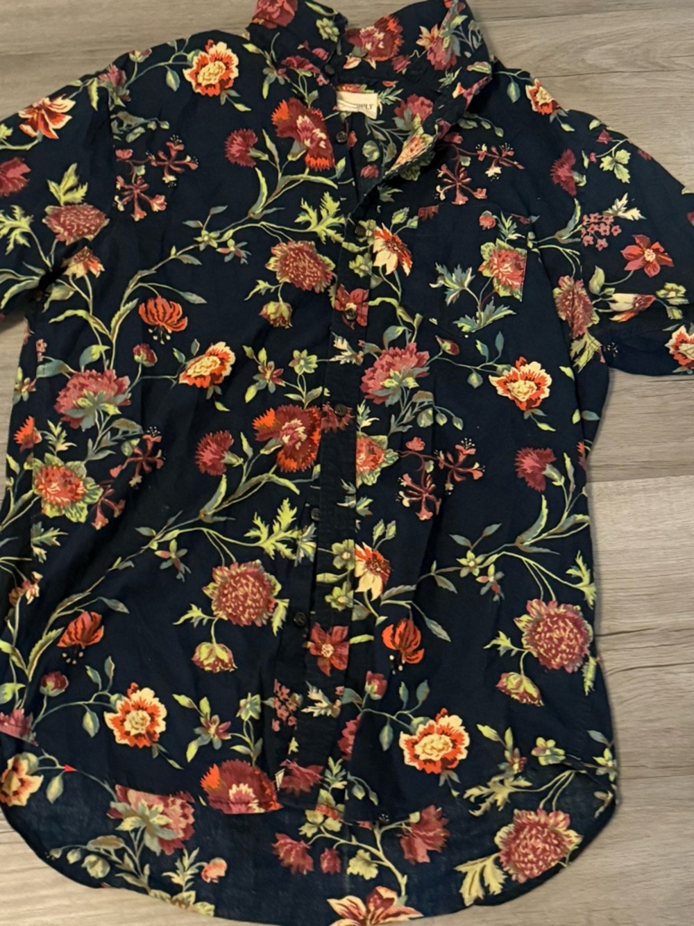 Floral Button-Up Short Sleeve Top - Navy with Red & Green Floral Ralph Lauren